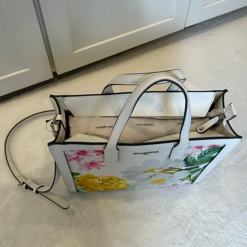 *New* Karl Lagerfeld Paris Floral Printed Tote Bag White Sunflower - Picture 8 of 17